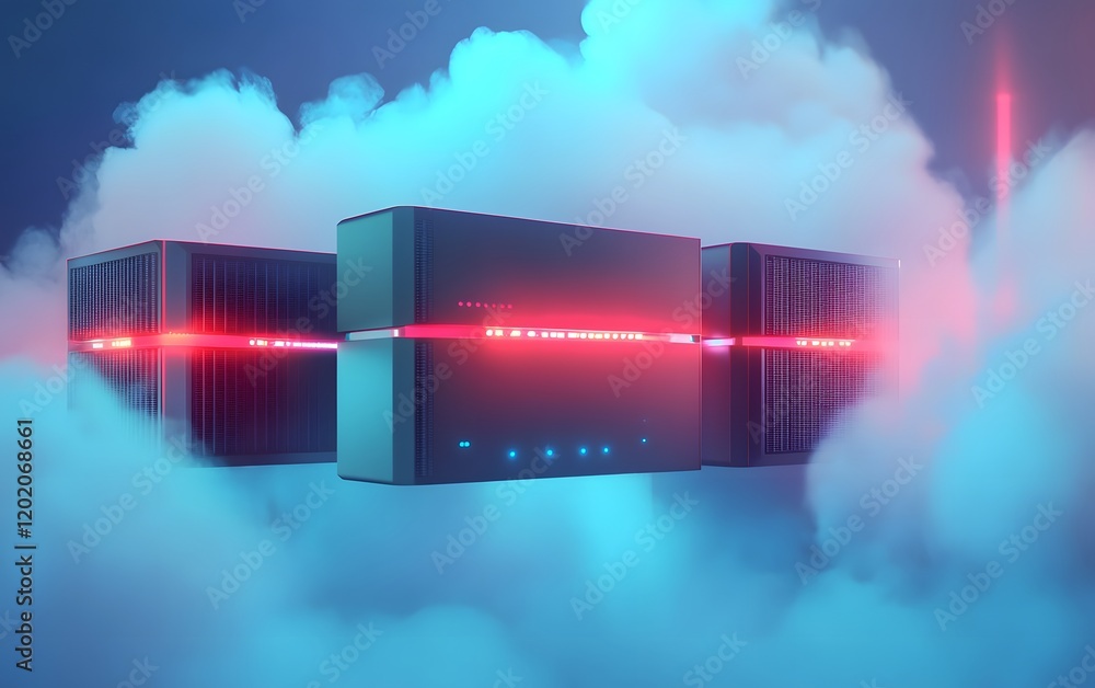 Poster a futuristic server concept floating in clouds, illuminated by vibrant red and blue lights, symboliz