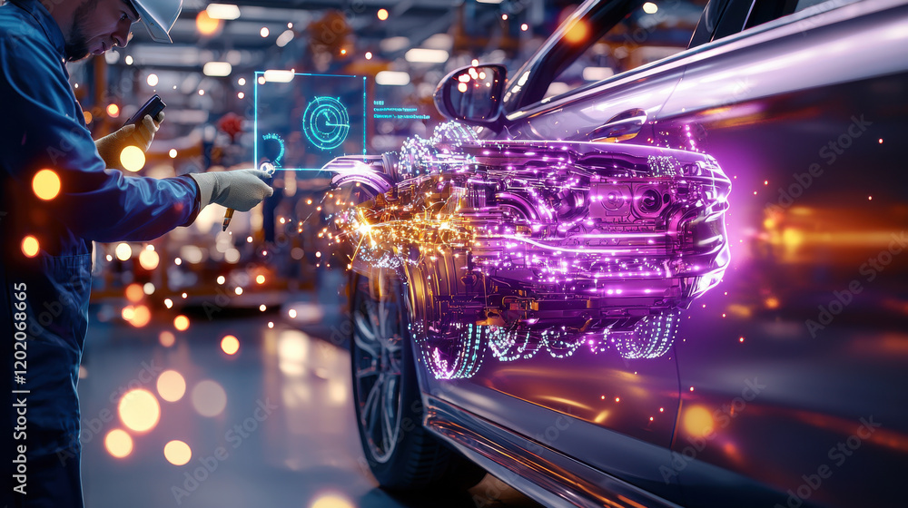 Poster technician inspecting car engine with augmented reality technology, showcasing digital overlays and 