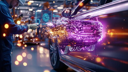 technician inspecting car engine with augmented reality technology, showcasing digital overlays and futuristic elements. scene highlights innovation in automotive engineering