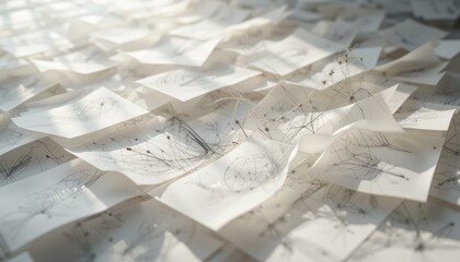 Detailed sketches, overlaid, light filtering through, studio