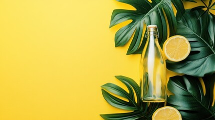 Glass bottle, lemons, leaves, yellow background, summer drink ad