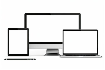 Devices Set Mockup with Smartphone Desktop Computer Laptop and Tablet Isolated on White