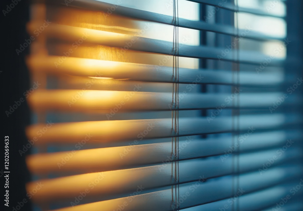 Poster soft light filtering through window blinds creating warm glow and shadow play in a cozy indoor space