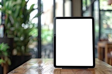 Flawless Picture of Mockup Blank Screen Tablet with Stand on Wooden Table, Vertical View
