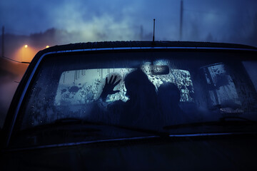 Couple in Car Getting Intimate enjoying private romantic passion and sensuality behind foggy steamy windows on Valentine's