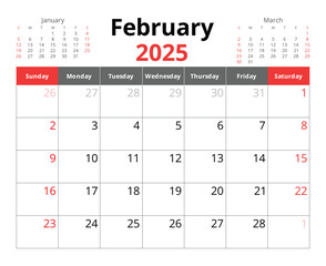 2025 february calendar. A vector English monthly calendars. Design Sunday start
