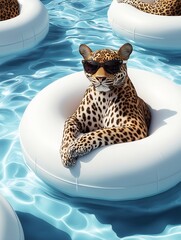 Leopard in sunglasses swimming on inflatable ring in pool, on vacation