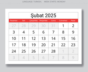 Page of Turkish calendar for January 2025 - takvim ocak. Vector illustration winter month for Turkey