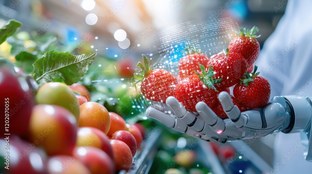 Poster futuristic robotic hand holding strawberries in smart grocery store. scene showcases advanced techno