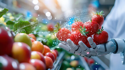 Futuristic robotic hand holding strawberries in smart grocery store. scene showcases advanced technology in fruit packaging and selection, blending nature with innovation