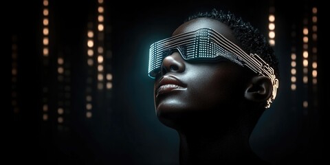 Futuristic vision: african female wearing led glasses in dark atmosphere