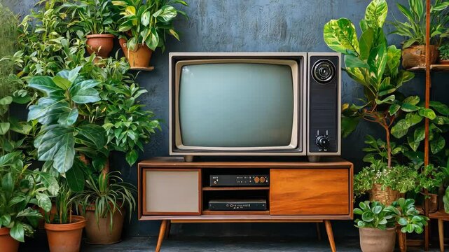 Retro television setup among indoor plants in a cozy, green space with natural decor elements