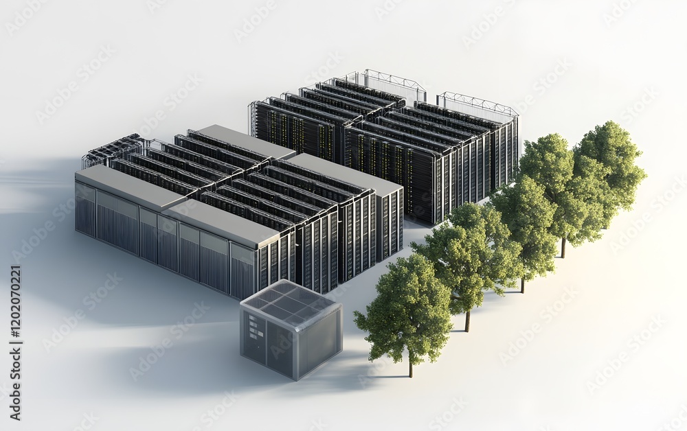 Poster a modern data center featuring rows of sleek server racks surrounded by greenery
