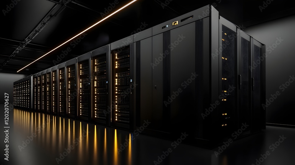 Poster a modern data center showcasing sleek server racks with illuminated accents. the environment represe