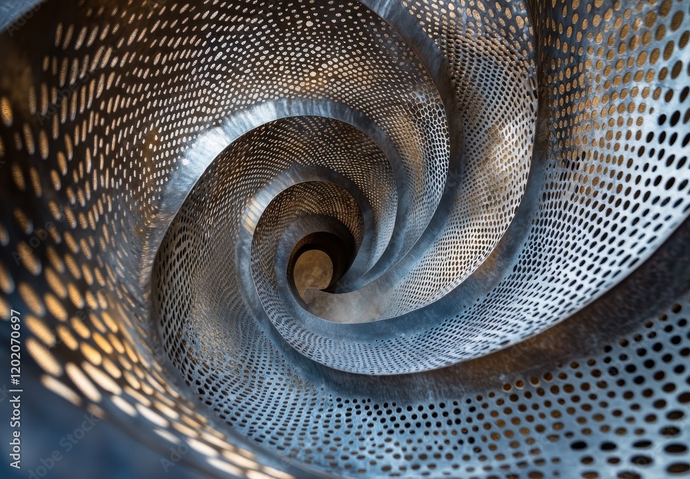 Poster spiral view of a modern metallic structure with holes, showcasing intricate design and depth, perfec