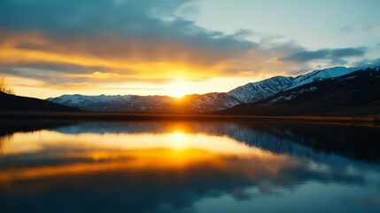 Fototapeta premium Stunning lake reflection at sunset with mountains.