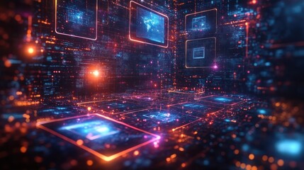 Obraz premium Digital network data flow, glowing screens, server room background, cybersecurity concept