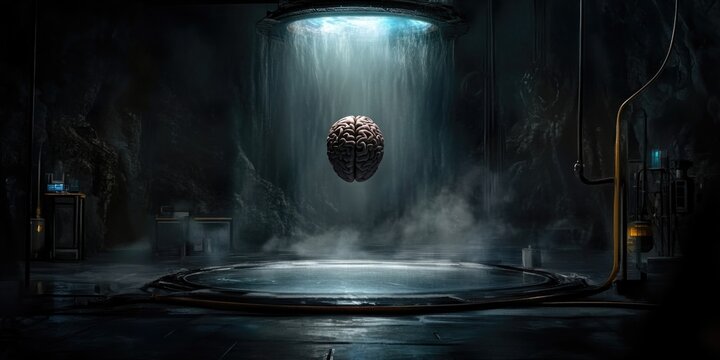 Futuristic lab with suspended brain in mystical atmosphere