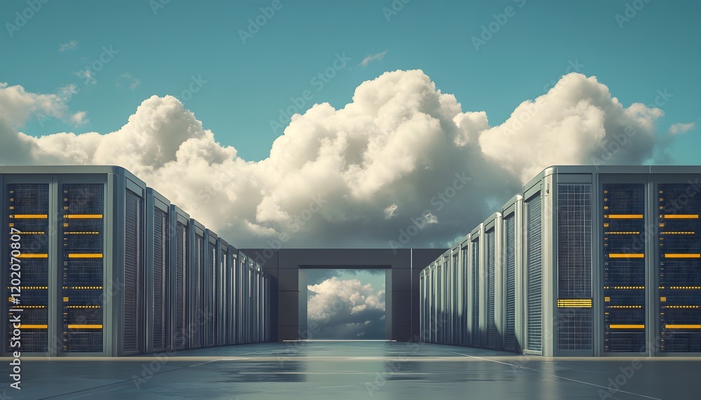 Poster a modern data center with rows of server racks, set against a backdrop of vibrant clouds and blue sk