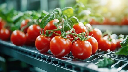 A vibrant display of fresh red tomatoes clustered on their green vine, showcasing nature's bounty in a well-organized setting, ideal for agricultural and food-related themes.