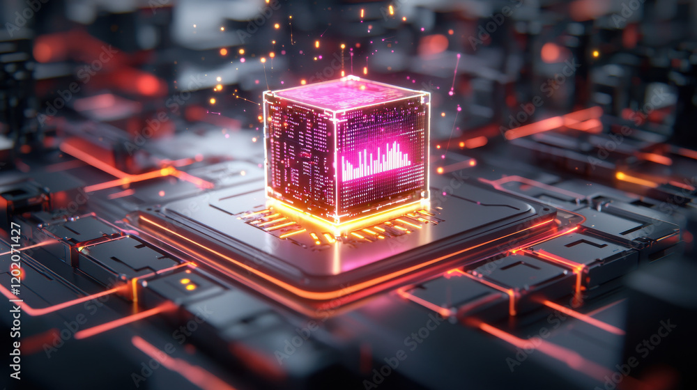 Poster futuristic microchip glowing with vibrant colors, surrounded by complex circuit board, symbolizes ad