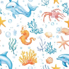 Bright coral reef pattern showcasing vibrant sea life elements with dolphins, seahorses, and colorful corals