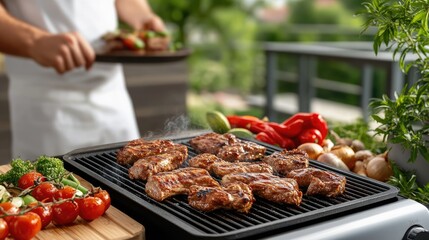 Naklejka premium A man enjoys grilling an assortment of meats and colorful vegetables outdoors in his garden, perfect for summer gatherings