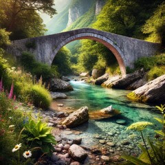 Fototapeta premium A weathered stone bridge arching over a crystal-clear river in a lush valley. Wildflowers grow around the banks, adding bursts of color