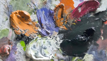 close-up of vibrant oil paint smears on a palette, showcasing bold textures, saturated colors, and...