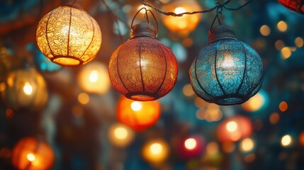 Colorful lanterns illuminate outdoor market night