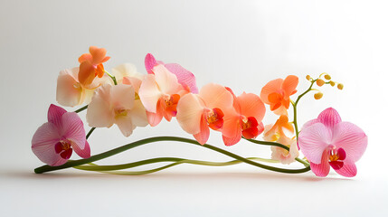 Fototapeta na wymiar A whimsical orchid arrangement with swirling stems and pastel-colored blooms, set against a soft white background, during a studio photoshoot