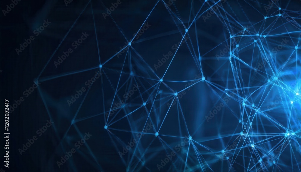 Poster interconnected glowing blue network nodes and lines on dark abstract background, ideal for technolog