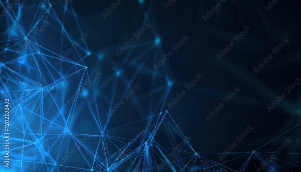 Poster interconnected glowing blue network nodes and lines on dark abstract background, ideal for technolog