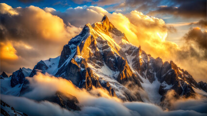 Dramatic mountain peak illuminated by golden sunset with clouds, AI Generation