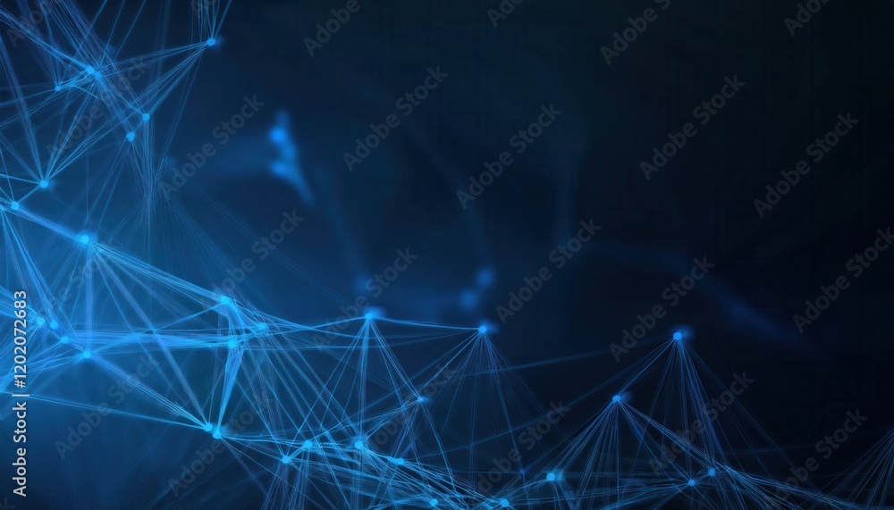Poster interconnected glowing blue network nodes and lines on dark abstract background, ideal for technology, ai, or blockchain designs