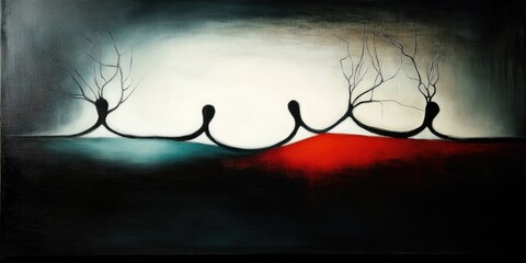 Abstract silhouette art with connected figures and dramatic colors