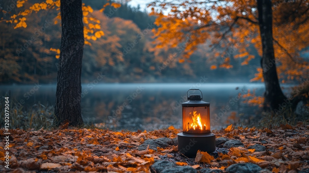 Poster warmth of lantern in autumn forest by misty lake reflecting fall colors at dusk creating tranquil sc