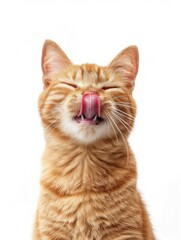 Fototapeta na wymiar Ginger kitty enjoys licking a screen in a bright, isolated setting