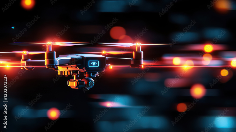 Fototapete advanced drone in flight with glowing lights and motion blur, showcasing technology and innovation. 