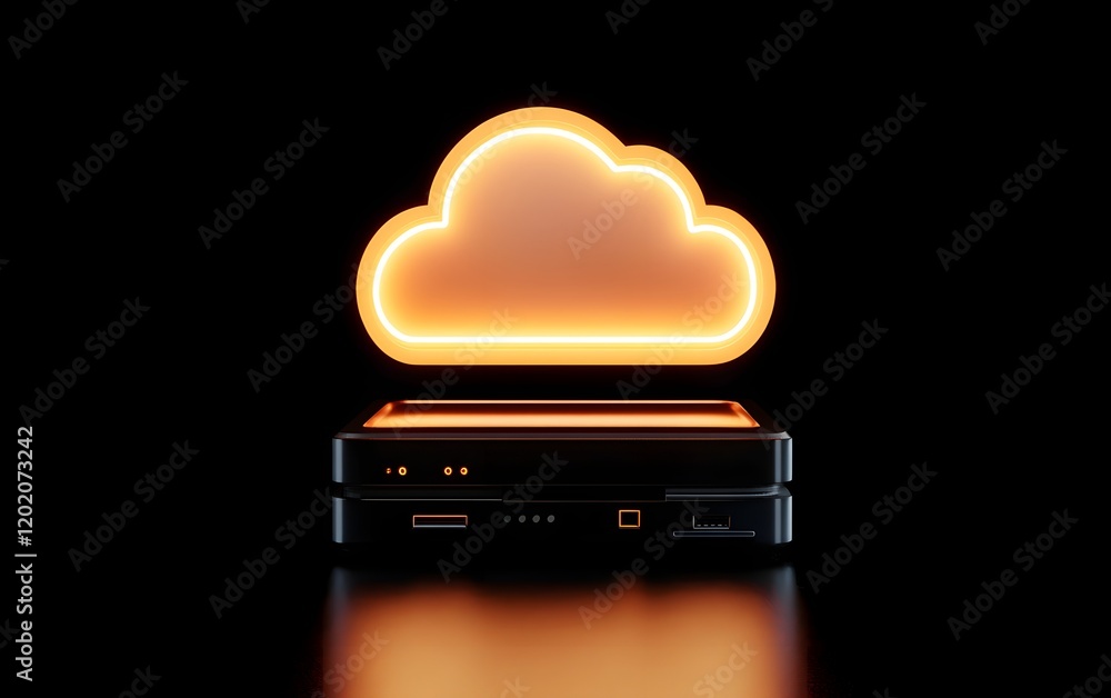 Poster a sleek black device with an illuminated orange cloud symbol on top, representing cloud computing an