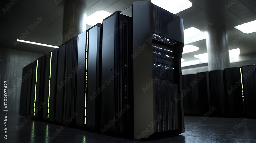 Poster a sleek, modern server system housed in a minimalist environment, showcasing advanced technology wit