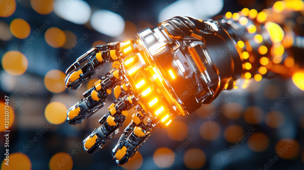 Aufkleber high resolution 3D visualization of advanced robotic hand with glowing elements, showcasing intricate details and futuristic design. image evokes sense of innovation and technology