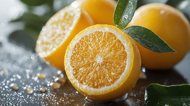 Closeup of a juicy orange cut in half, with whole oranges and green leaves in the background. Water droplets are visible on the fruit and leaves.