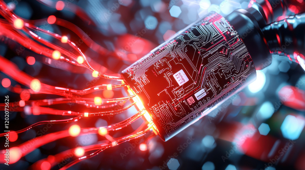Poster Advanced technology visualization featuring circuit board with glowing red wires, symbolizing innovation and connectivity