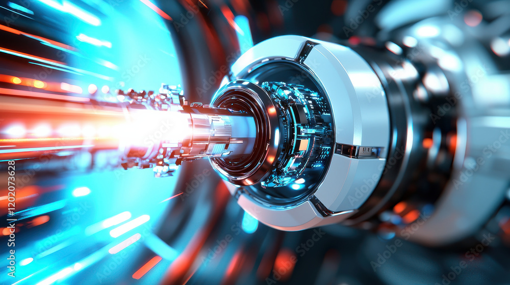 Poster high resolution 3D visualization of advanced robotic mechanism, showcasing intricate details and vibrant colors. design emphasizes futuristic technology and dynamic energy flow