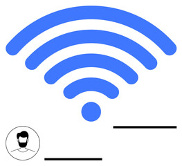 Blue wireless signal icon above black avatar outline and horizontal lines for text or labels. Ideal for technology, communication, internet, networking, remote work, digital access, abstract line