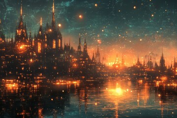 Fototapeta premium Illuminated Gothic Cityscape Reflected on Calm Water