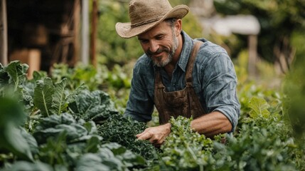A middle-aged man smiles while tending to his kale plants in his garden.