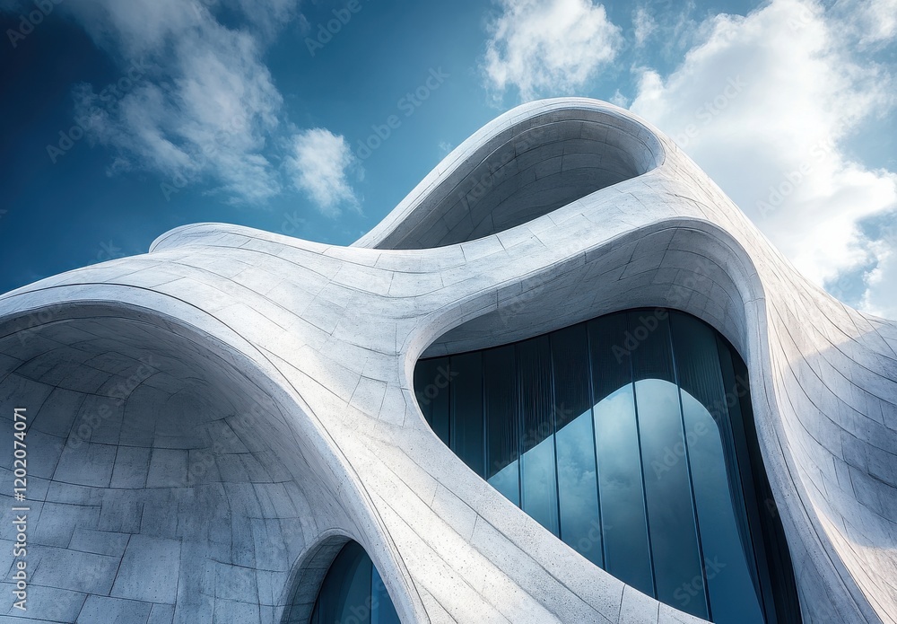Poster stunning modern architecture featuring curved lines and soft edges against a dramatic sky, showcasin