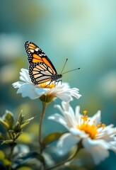 Obraz premium Monarch Butterfly on Delicate White Daisies: A Serene Nature Scene
